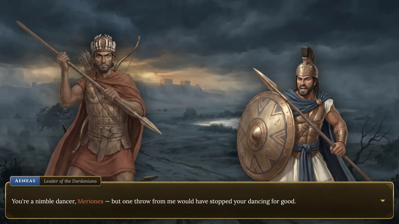 Aeneas and Meriones facing off on a storm-lit plain below the walls of Troy.