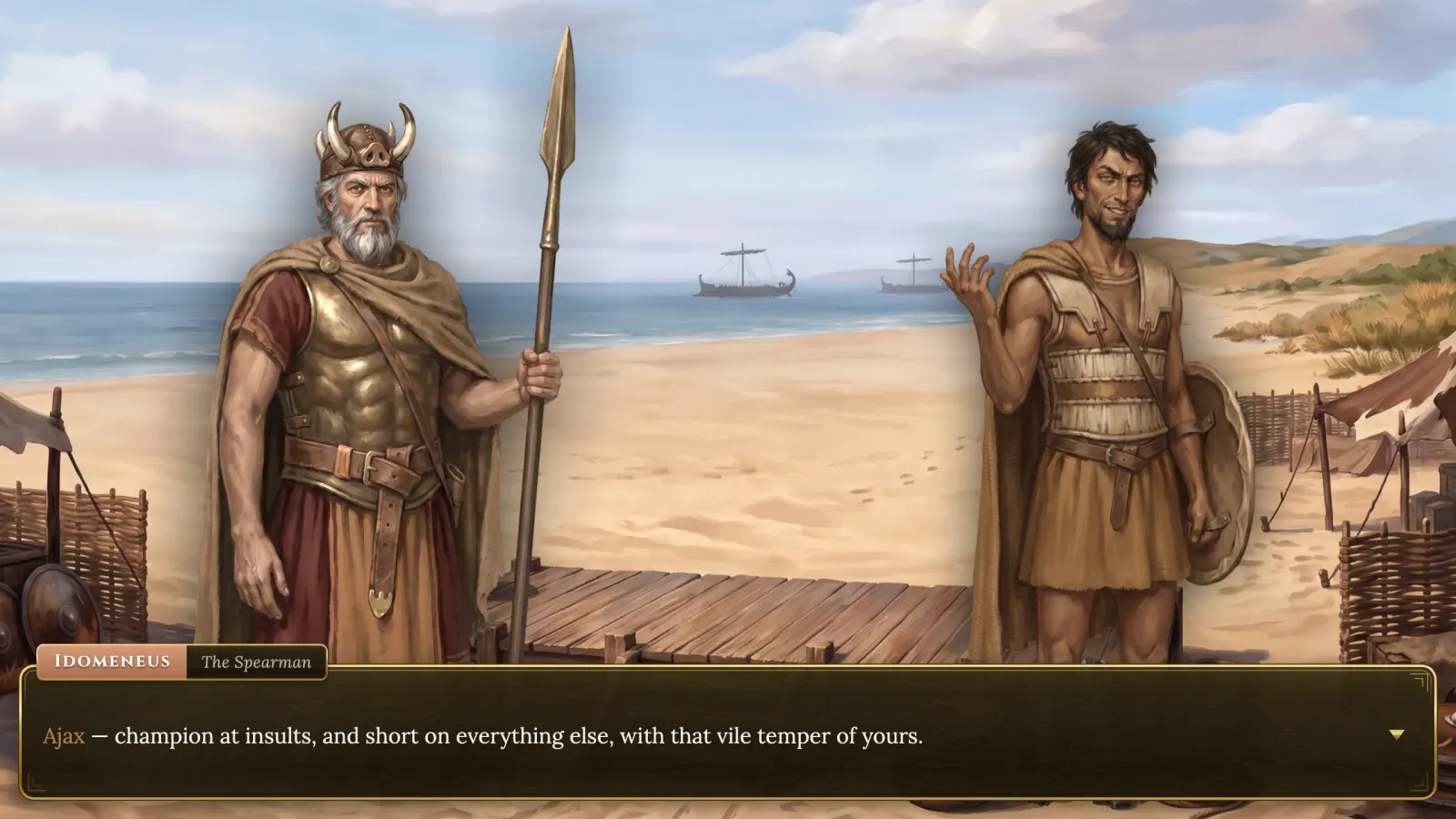 Idomeneus trading insults with Ajax on the beach beside the black ships.