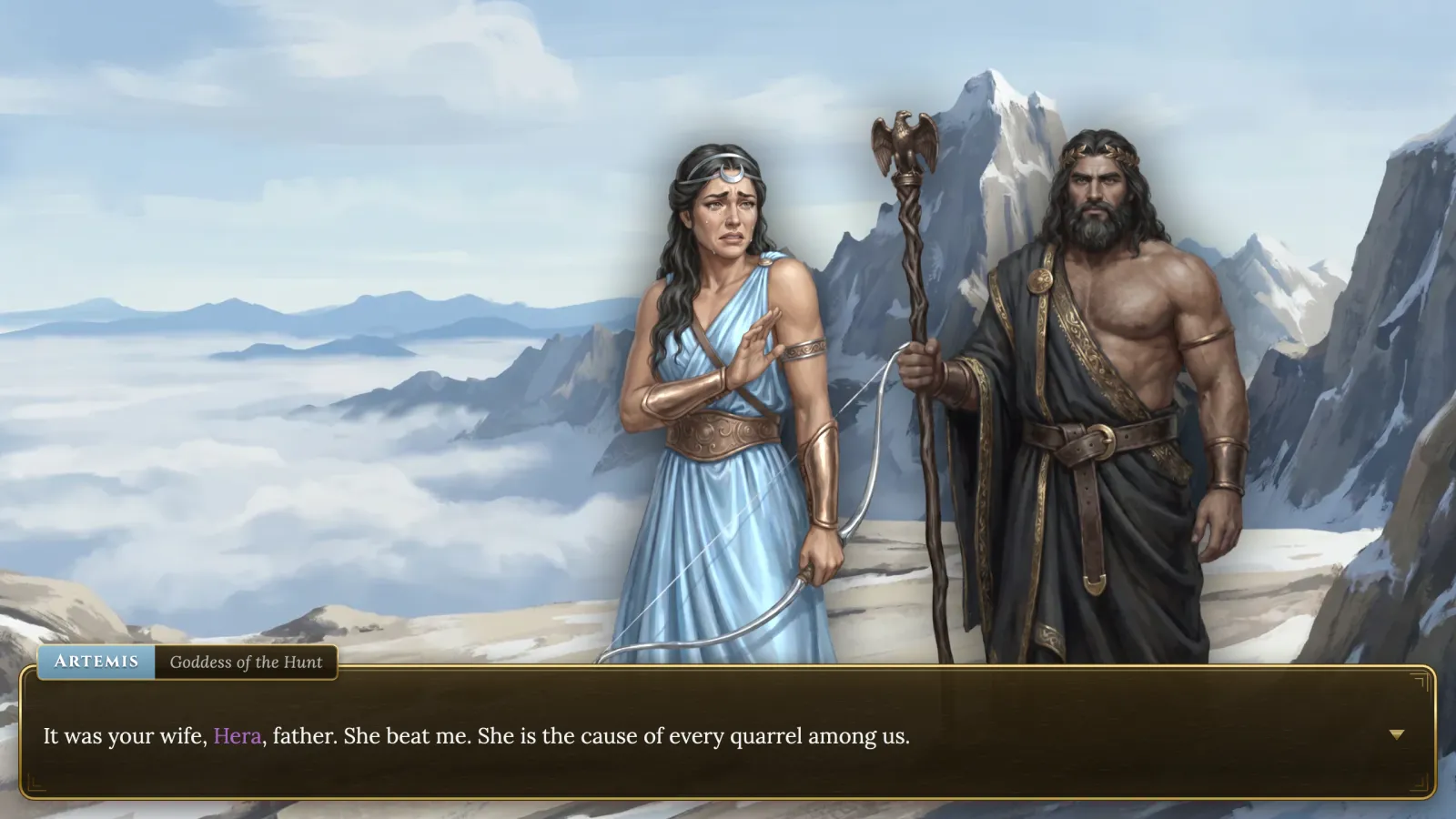 Artemis appealing to Zeus on the cloud-wrapped peaks of Olympus.