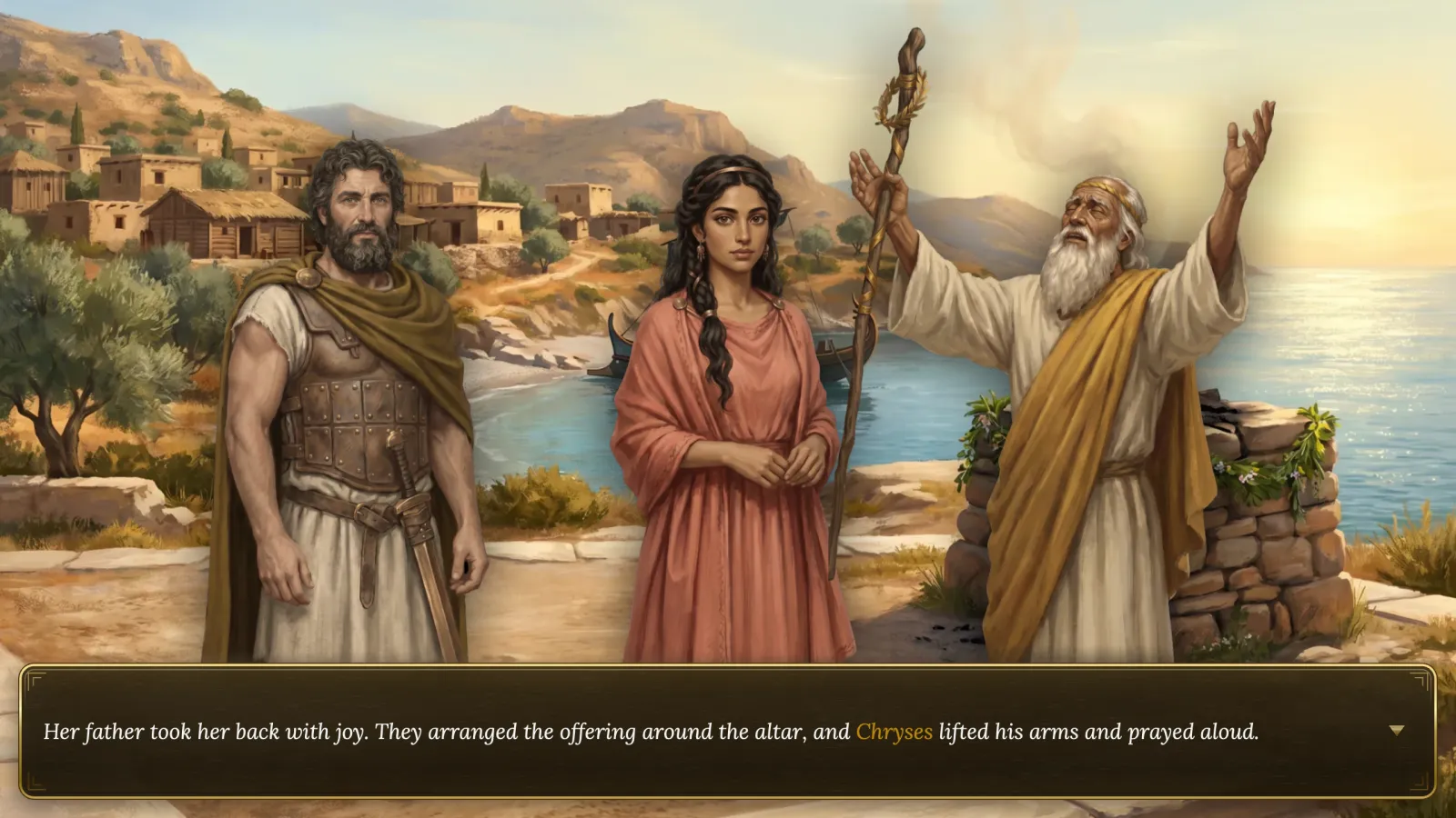 Chryses raising his arms in prayer at the altar as his daughter is returned.