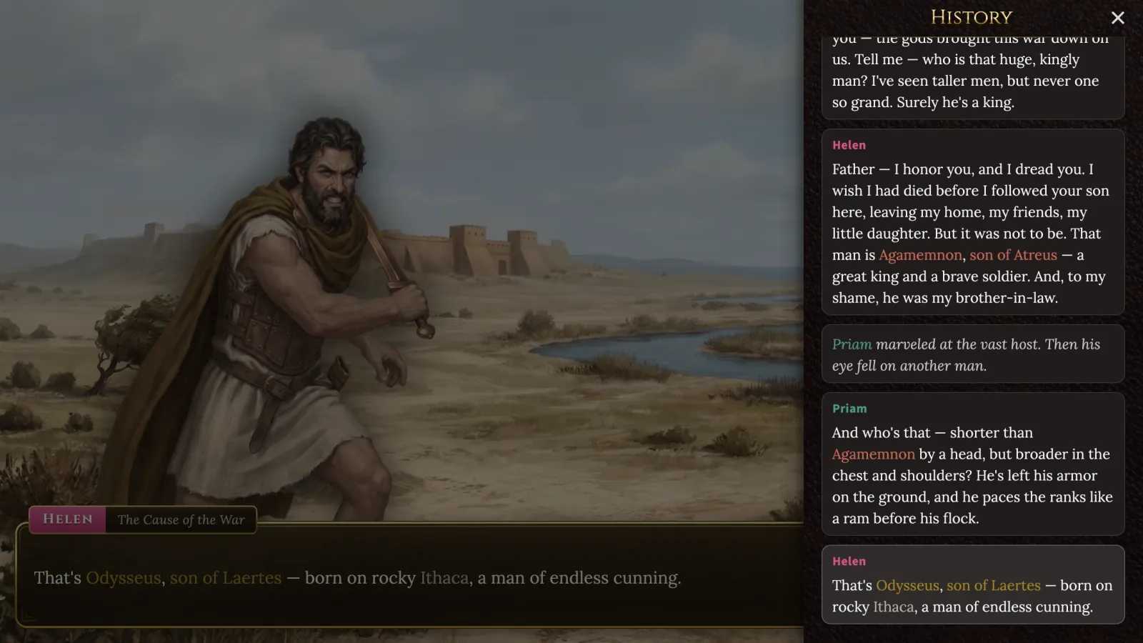 The history log open beside the stage, letting you scroll back through every line already read.